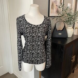 Kiara Textured Long Sleeve Top Women Large Black White Excellent Abstract Grunge